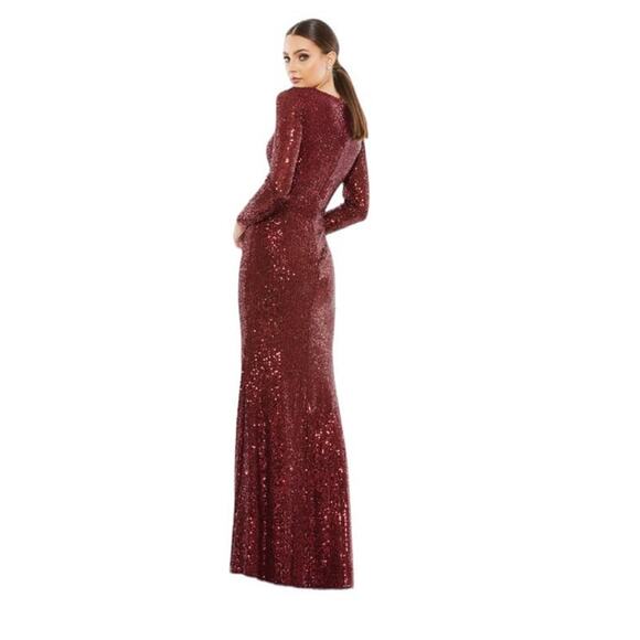 Mac Duggal Size 10 NEW Sequined Faux Wrap Long Sleeve Column Gown 26574 Wine - Picture 3 of 8